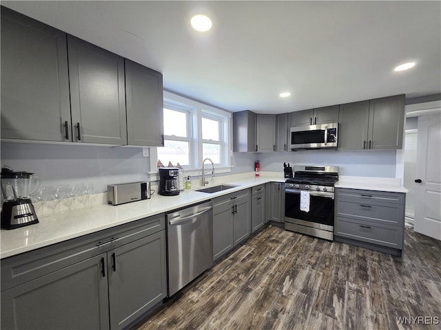 kitchen with gray cabinets, a sink, light countertops, dark wood-style floors, and stainless steel appliances
