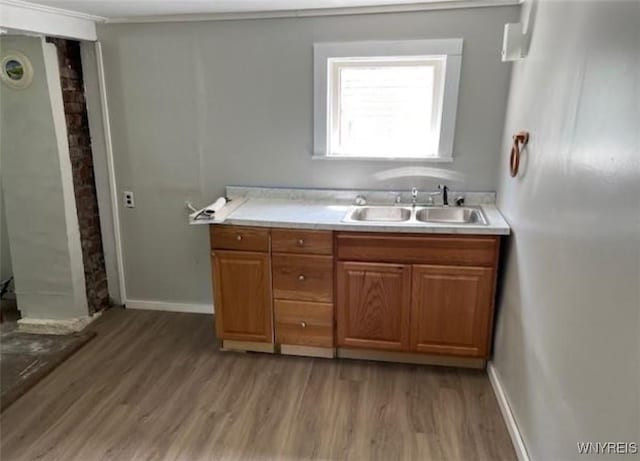 bathroom with a sink, baseboards, and wood finished floors