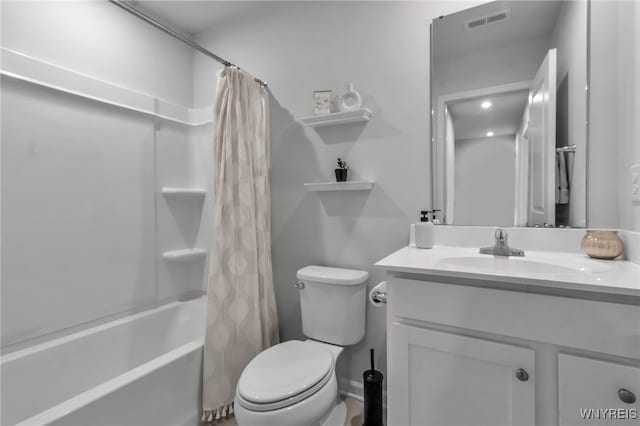 full bath featuring vanity, shower / bathtub combination with curtain, visible vents, and toilet