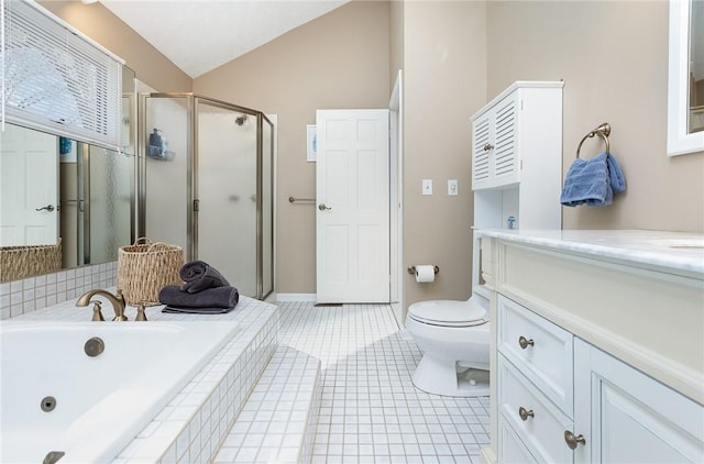bathroom with a jetted tub, a stall shower, vanity, tile patterned floors, and toilet