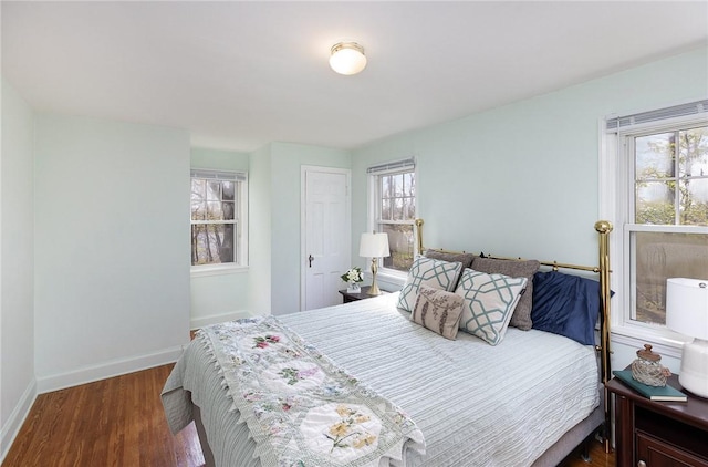 bedroom featuring baseboards, multiple windows, and wood finished floors