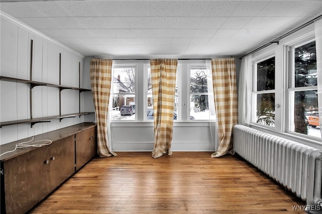 interior space featuring radiator heating unit and light wood-style flooring