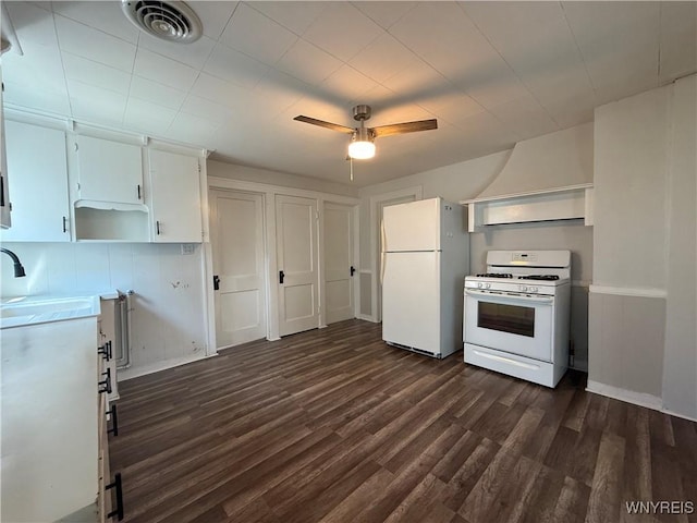 92 Carlyle Ave, Buffalo, NY 14220 - kitchen with white appliances, dark wood-type flooring, ceiling fan, white cabinetry, and open shelves