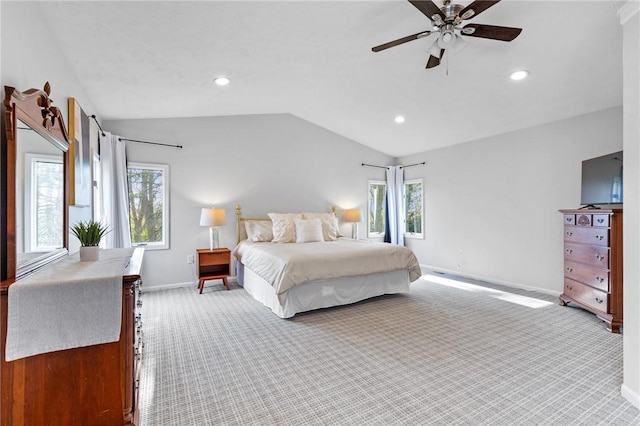 bedroom featuring carpet floors, baseboards, recessed lighting, and lofted ceiling