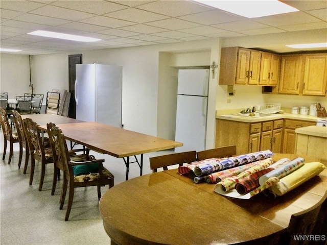 kitchen featuring light countertops, freestanding refrigerator, a drop ceiling, and a sink