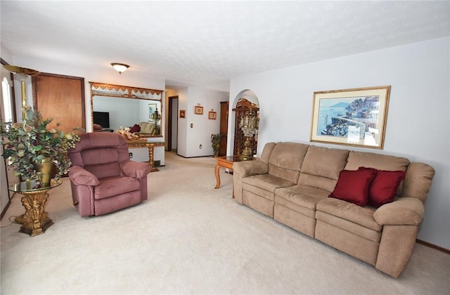 living room featuring a textured ceiling and light carpet