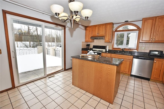 kitchen featuring gas range gas stove, under cabinet range hood, tasteful backsplash, a sink, and dishwasher