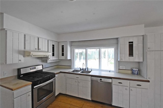 150 Monroe Dr, Horseheads, NY 14845 - kitchen with appliances with stainless steel finishes, a sink, light wood-style floors, white cabinetry, and under cabinet range hood