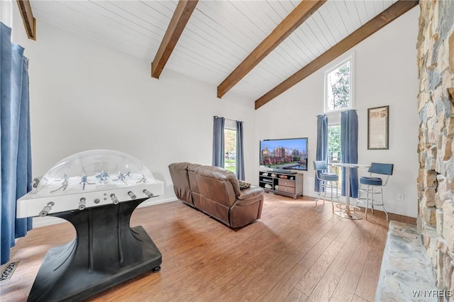 living area featuring wood ceiling, beam ceiling, wood finished floors, high vaulted ceiling, and baseboards