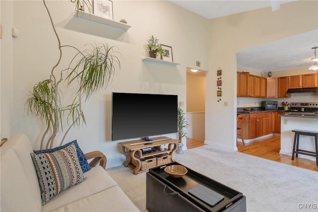 living room with light colored carpet, baseboards, and a toaster