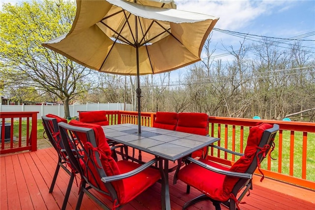 deck featuring a fenced backyard and outdoor dining space