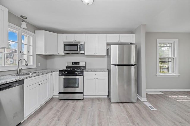 kitchen with white cabinets, appliances with stainless steel finishes, a healthy amount of sunlight, and a sink