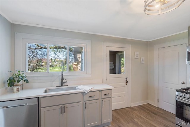 kitchen with a sink, light countertops, light wood finished floors, and appliances with stainless steel finishes