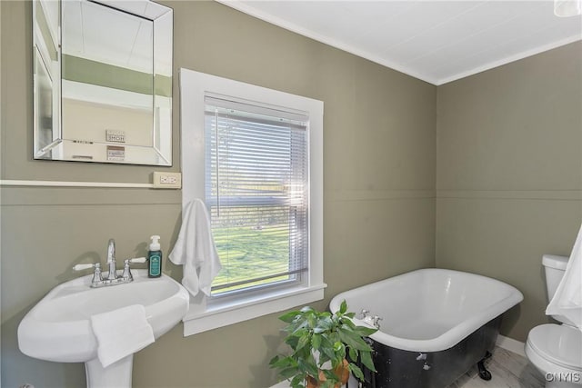 bathroom featuring toilet, a sink, ornamental molding, and a soaking tub