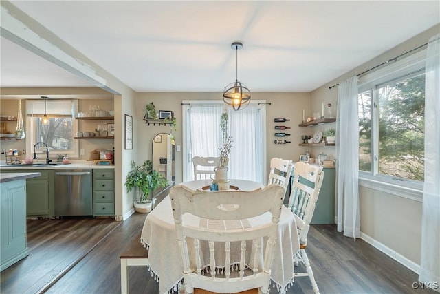 dining area featuring baseboards, a healthy amount of sunlight, and dark wood-style floors