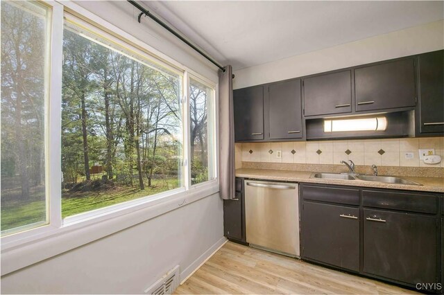 216 Pine Grove St, Syracuse, NY 13210 - kitchen with decorative backsplash, light wood-type flooring, dishwasher, a sink, and light countertops