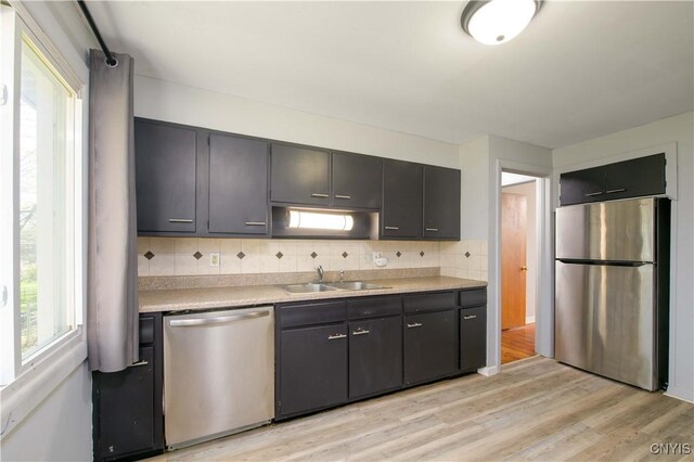 216 Pine Grove St, Syracuse, NY 13210 - kitchen with light countertops, tasteful backsplash, a sink, light wood finished floors, and appliances with stainless steel finishes