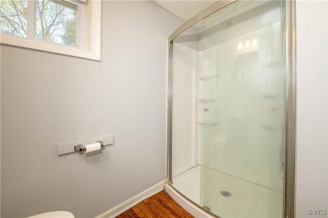 216 Pine Grove St, Syracuse, NY 13210 - bathroom featuring toilet, baseboards, a shower stall, and wood finished floors