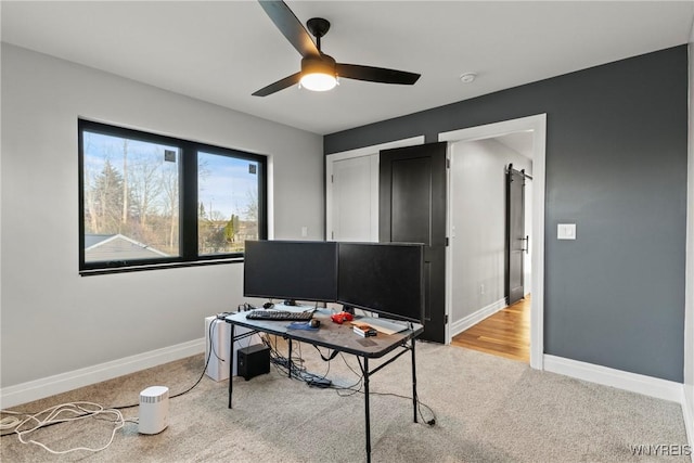 office featuring baseboards, carpet flooring, and ceiling fan