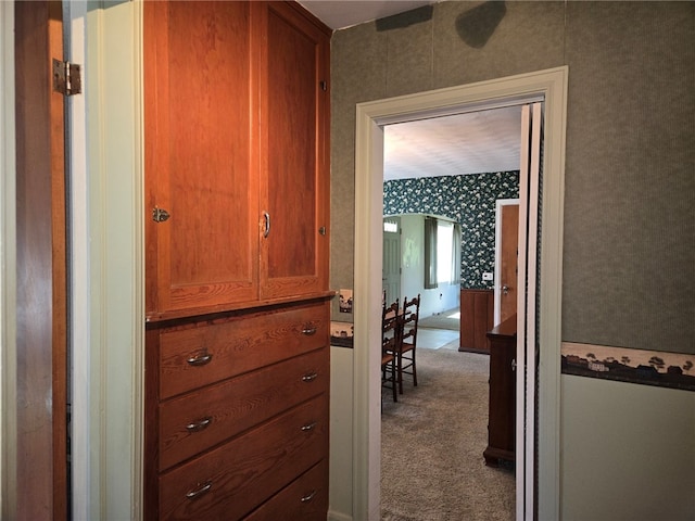 hall with carpet and wallpapered walls