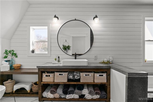 bathroom featuring vanity, wooden walls, and a healthy amount of sunlight