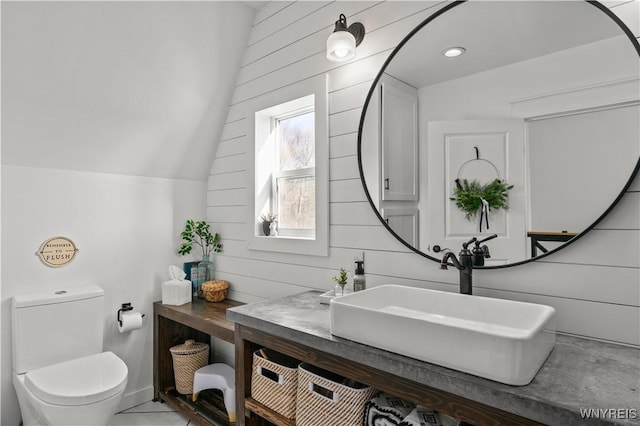 bathroom with vanity, wooden walls, and toilet