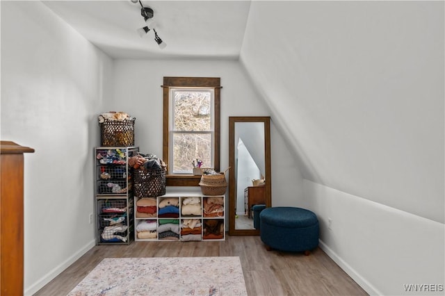 additional living space featuring baseboards, vaulted ceiling, and wood finished floors