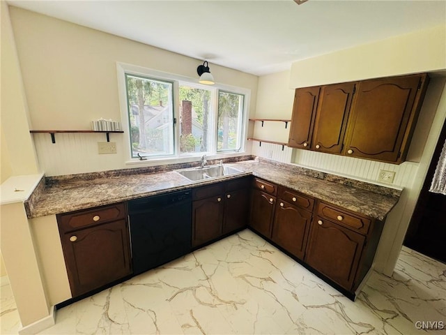 kitchen featuring open shelves, marble finish floor, dark countertops, black dishwasher, and a sink
