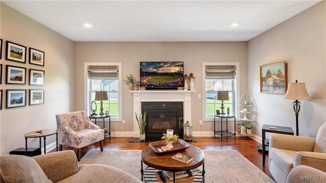 living area featuring plenty of natural light, a fireplace with flush hearth, wood finished floors, and recessed lighting