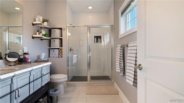 bathroom with toilet, tile patterned floors, a shower stall, and vanity