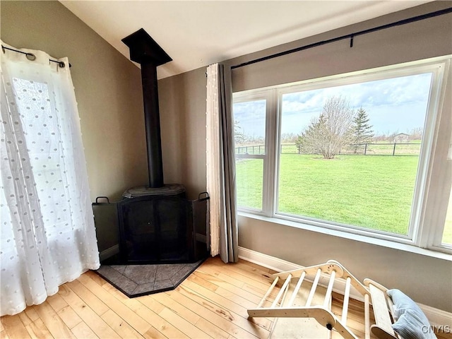 28053 Boat Launch Rd, Lyme, NY 13622 - room details featuring baseboards, wood finished floors, and a wood stove