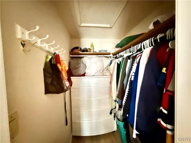 28053 Boat Launch Rd, Lyme, NY 13622 - walk in closet with attic access and wood finished floors