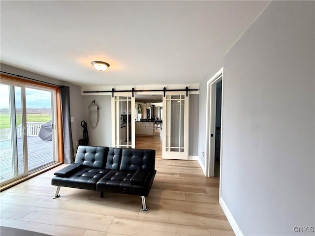 28053 Boat Launch Rd, Lyme, NY 13622 - sitting room featuring baseboards, a barn door, and light wood-style flooring