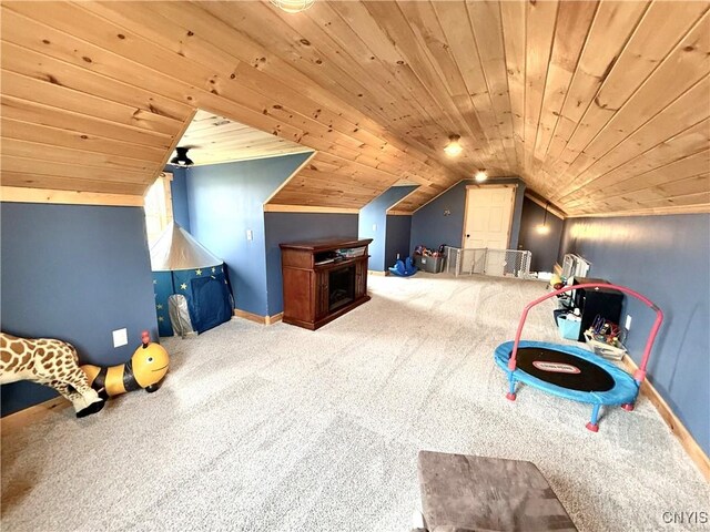 28053 Boat Launch Rd, Lyme, NY 13622 - game room with carpet flooring, baseboards, wood ceiling, and lofted ceiling