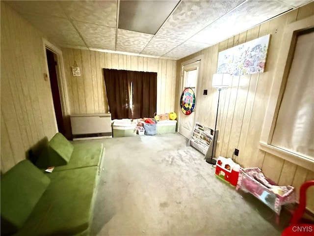 living area featuring carpet and wood walls