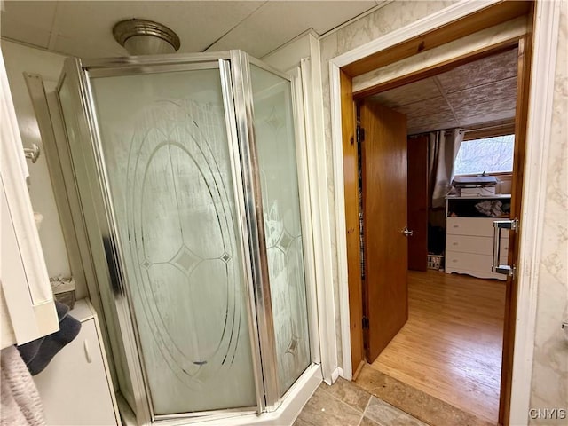 bathroom with a stall shower