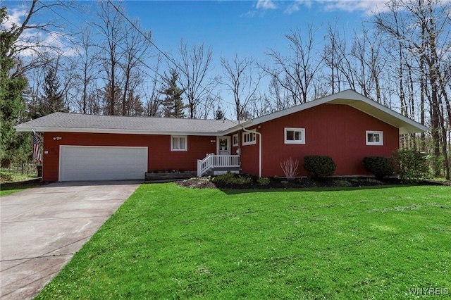 ranch-style home with an attached garage, driveway, and a front yard