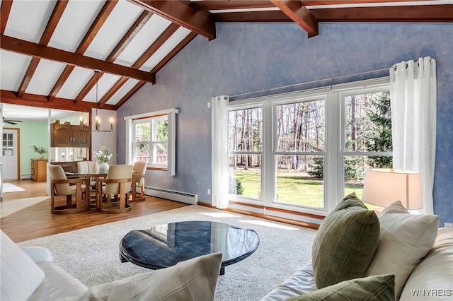 living area with high vaulted ceiling, a baseboard radiator, a baseboard heating unit, and beam ceiling