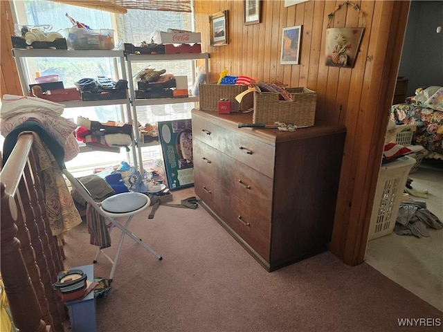 interior space with wooden walls and carpet floors