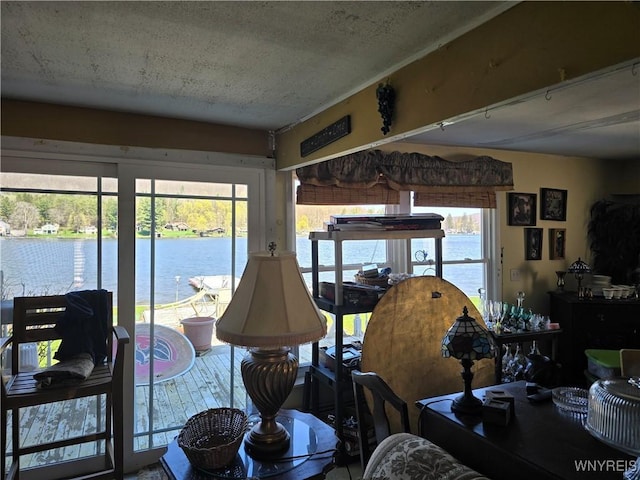 dining area with a water view