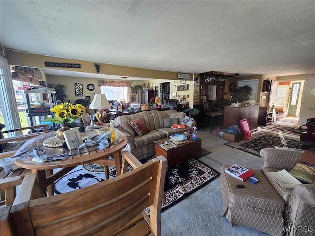 carpeted living room with a textured ceiling