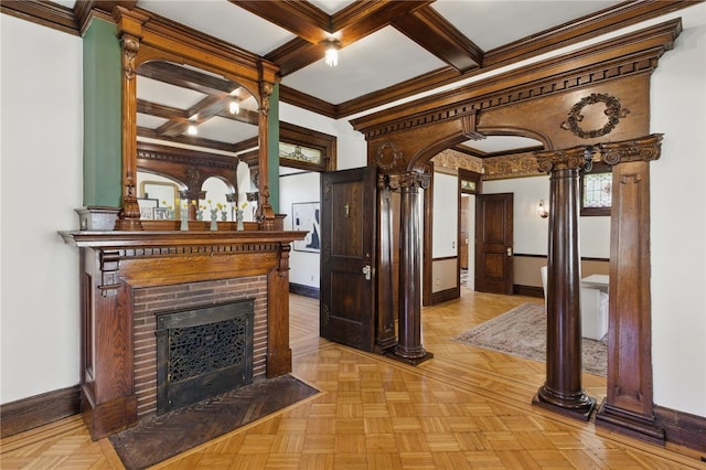 living area with baseboards, decorative columns, a fireplace, and coffered ceiling
