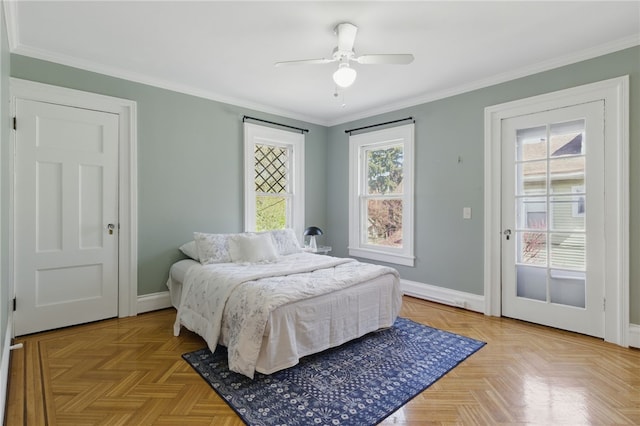 bedroom with crown molding, baseboards, and ceiling fan