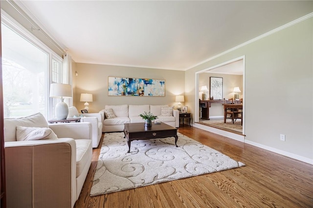 living room featuring baseboards, ornamental molding, and wood finished floors