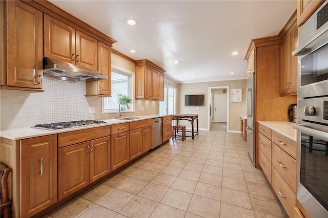 kitchen with crown molding, under cabinet range hood, tasteful backsplash, a sink, and stainless steel appliances
