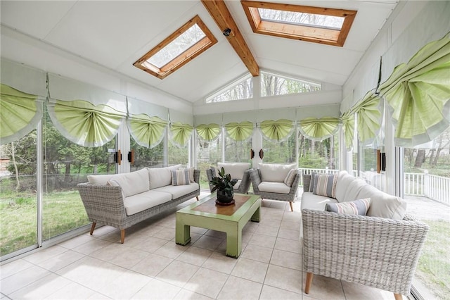 sunroom with tile patterned floors, outdoor lounge area, and lofted ceiling with skylight