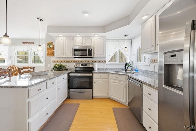 kitchen with a peninsula, appliances with stainless steel finishes, plenty of natural light, and a sink
