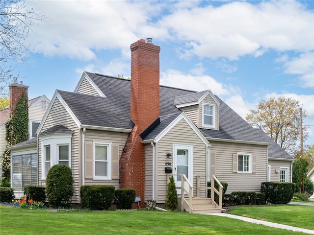 rear view of property featuring roof with shingles, a yard, and a chimney