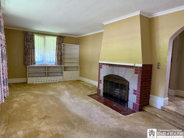 148 Myrtle St, Jamestown, NY 14701 - unfurnished living room with a brick fireplace, arched walkways, carpet flooring, and crown molding