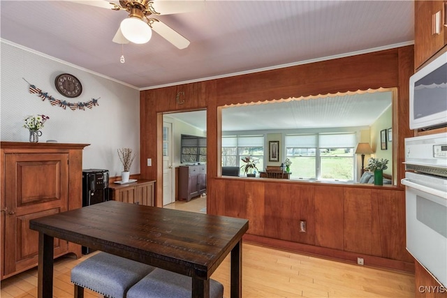 dining area featuring crown molding, wood walls, light wood-style floors, and ceiling fan